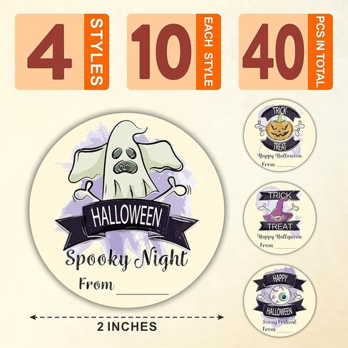 40 Happy Halloween Round Label, 2" Spooky Ghost Round Stickers for Halloween Wrapping, 4 Styles Fill in Style Adhesive Tag, Party Favors & Decorations - A02 in Kuwait