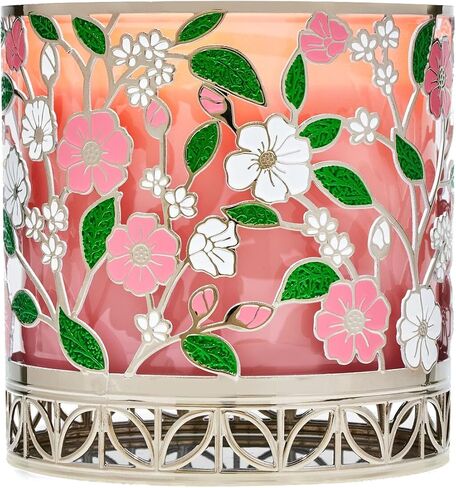 Bath + Body Works Floral Candle Holder - Silver Tone Metal w/Pink and White Flowers - Decorative Candle Sleeve for 3 Wick Candles - Compatible with All Bath and Body Works 3 Wicks. in Saudi Arabia