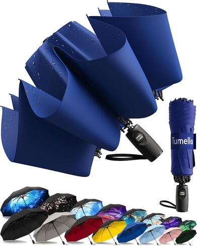 TUMELLA Strongest Windproof Reversed Travel Umbrella, Small Strong but Light Portable and Automatic Folding Rain Umbrella, Durable Premium Grip, Fits Car & Backpack in Kuwait