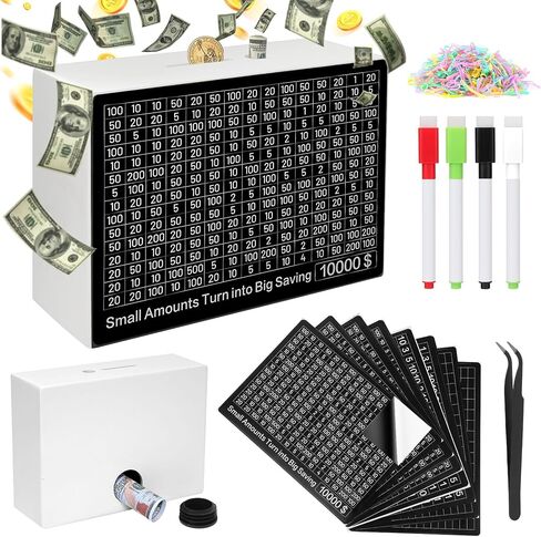 Larger 10000 Savings Challenge Box with 8 Targets$ 500-$10k Cash Vault Wooden Money Saving Box Caja De Ahorros Piggy Bank Reusable Coin Bank with Dry Erase Pen/Savings Trackers/Rubber Band-Burlywood in Saudi Arabia