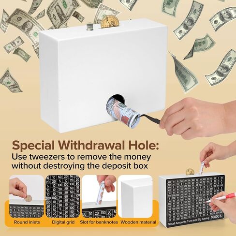 Larger 10000 Savings Challenge Box with 8 Targets$ 500-$10k Cash Vault Wooden Money Saving Box Caja De Ahorros Piggy Bank Reusable Coin Bank with Dry Erase Pen/Savings Trackers/Rubber Band-Burlywood in Saudi Arabia