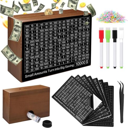 Larger 10000 Savings Challenge Box with 8 Targets$ 500-$10k Cash Vault Wooden Money Saving Box Caja De Ahorros Piggy Bank Reusable Coin Bank with Dry Erase Pen/Savings Trackers/Rubber Band-Burlywood in Saudi Arabia