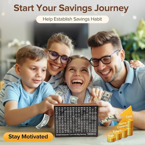 Larger 10000 Savings Challenge Box with 8 Targets$ 500-$10k Cash Vault Wooden Money Saving Box Caja De Ahorros Piggy Bank Reusable Coin Bank with Dry Erase Pen/Savings Trackers/Rubber Band-Burlywood in Saudi Arabia