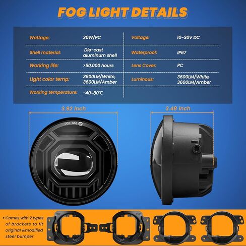 4 Inch Round LED Fog Lights for 2018-2024 Jeep Wrangler JL JLU & Jeep Gladiator JT, 60W White Amber Fog Lamps with 2 Pair Mounting Brackets, Front Bumper Off-road Fog Light for Jeep Accessories in Saudi Arabia