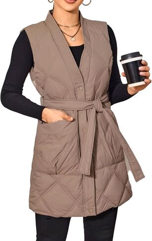 PAODIKUAI Women's Long Puffer Vest V Neck Zipper Lightweight Sleeveless Puffy Jacket Winter Coat with Belt in Kuwait