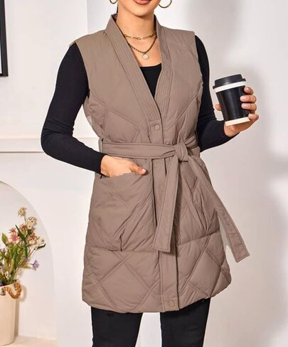 PAODIKUAI Women's Long Puffer Vest V Neck Zipper Lightweight Sleeveless Puffy Jacket Winter Coat with Belt in Kuwait