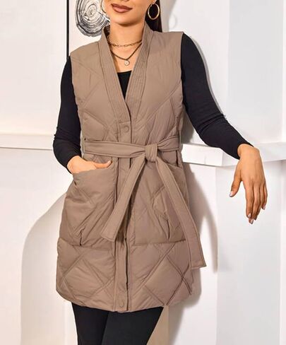 PAODIKUAI Women's Long Puffer Vest V Neck Zipper Lightweight Sleeveless Puffy Jacket Winter Coat with Belt in Kuwait