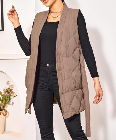 PAODIKUAI Women's Long Puffer Vest V Neck Zipper Lightweight Sleeveless Puffy Jacket Winter Coat with Belt in Kuwait