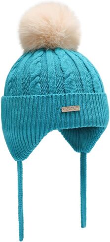 ZLYC Kids Girls Boys Winter Hats Cotton Lined Pom Pom Beanie Earflap Knitted Cap in Kuwait