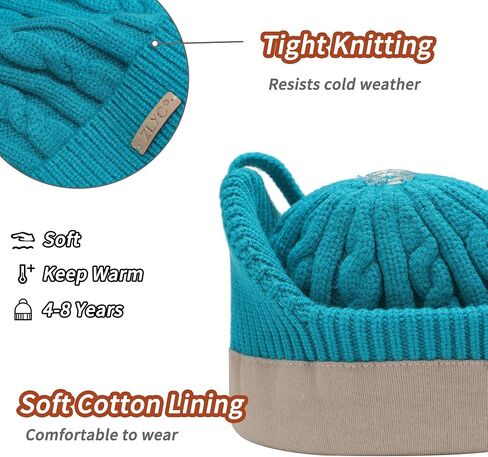 ZLYC Kids Girls Boys Winter Hats Cotton Lined Pom Pom Beanie Earflap Knitted Cap in Kuwait