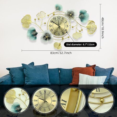 33 inch Clocks for Living Room, Large Wall Clock, 3D Decorations Metal Ginkgo Leaf Design Silent Movement Wall Clocks for Home Wall Decor Clock in Saudi Arabia