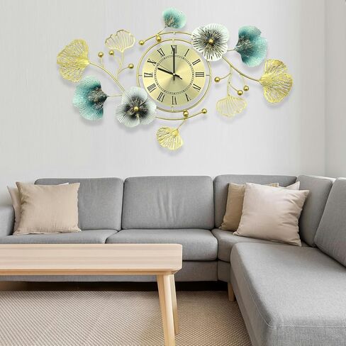 33 inch Clocks for Living Room, Large Wall Clock, 3D Decorations Metal Ginkgo Leaf Design Silent Movement Wall Clocks for Home Wall Decor Clock in Saudi Arabia