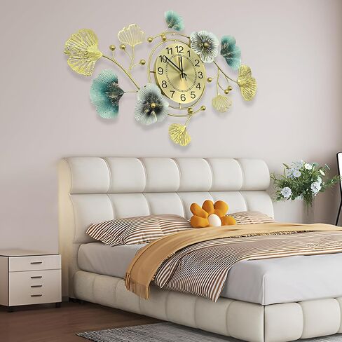 33 inch Clocks for Living Room, Large Wall Clock, 3D Decorations Metal Ginkgo Leaf Design Silent Movement Wall Clocks for Home Wall Decor Clock in Saudi Arabia