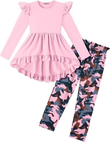 Arshiner Toddler Girl Clothes Ruffle Trim Long Sleeve Pullover Top and Floral Print Leggings Fall Outfits Kids Clothing Sets in Kuwait