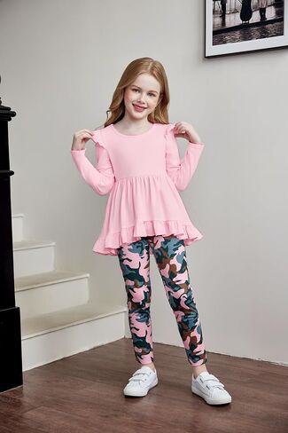 Arshiner Toddler Girl Clothes Ruffle Trim Long Sleeve Pullover Top and Floral Print Leggings Fall Outfits Kids Clothing Sets in Kuwait