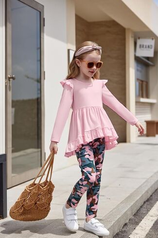 Arshiner Toddler Girl Clothes Ruffle Trim Long Sleeve Pullover Top and Floral Print Leggings Fall Outfits Kids Clothing Sets in Kuwait