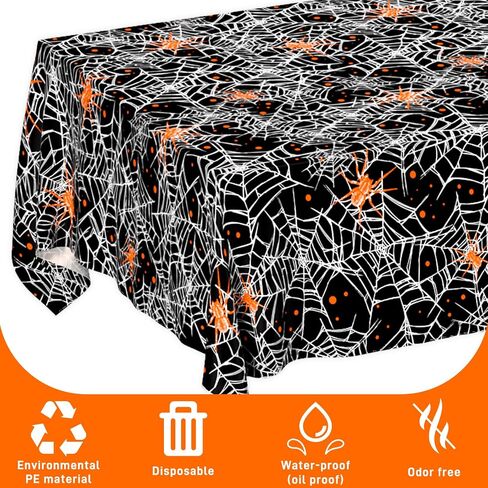 Halloween Spiders and Cobwebs Tablecloths 108 x 54 Inch, Disposable Table Covers for Halloween Party, Waterproof and Durable Tablecloths for Halloween Party Supplies, Pack of 3-Orange in Saudi Arabia