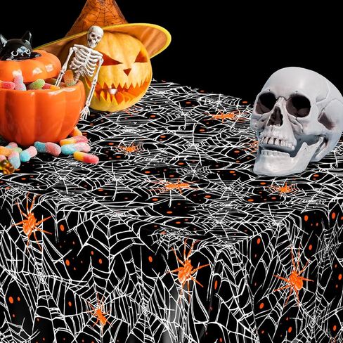 Halloween Spiders and Cobwebs Tablecloths 108 x 54 Inch, Disposable Table Covers for Halloween Party, Waterproof and Durable Tablecloths for Halloween Party Supplies, Pack of 3-Orange in Saudi Arabia