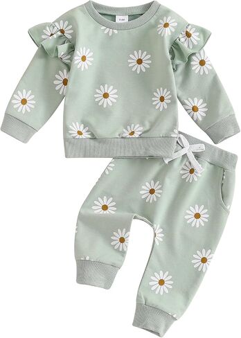 Infant Baby Girl Fall Outfit Long Sleeve Print Sweatshirt + Cute Pants Toddler Girl Winter Spring Clothes (White-Pink, 12-18 Months) in Kuwait