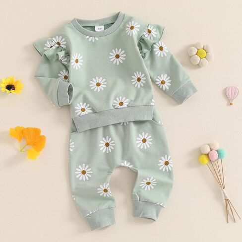 Infant Baby Girl Fall Outfit Long Sleeve Print Sweatshirt + Cute Pants Toddler Girl Winter Spring Clothes (White-Pink, 12-18 Months) in Kuwait