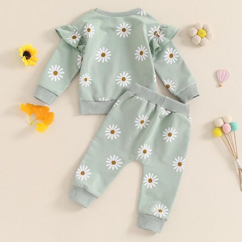 Infant Baby Girl Fall Outfit Long Sleeve Print Sweatshirt + Cute Pants Toddler Girl Winter Spring Clothes (White-Pink, 12-18 Months) in Kuwait
