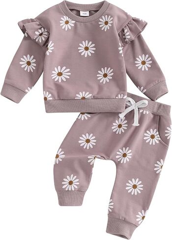 Infant Baby Girl Fall Outfit Long Sleeve Print Sweatshirt + Cute Pants Toddler Girl Winter Spring Clothes (White-Pink, 12-18 Months) in Kuwait