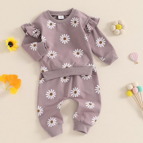 Infant Baby Girl Fall Outfit Long Sleeve Print Sweatshirt + Cute Pants Toddler Girl Winter Spring Clothes (White-Pink, 12-18 Months) in Kuwait