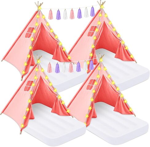 PLULON 4 Pack Teepee Tent for Kids Bulk Kids Sleepover Tents with Inflatable Airbed and Tent Decorations Play Tent Slumber Party Indoor Teepee Tents for Girls Boys Outdoor - White in Kuwait