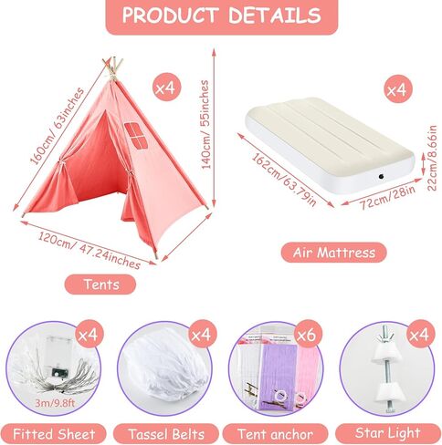 PLULON 4 Pack Teepee Tent for Kids Bulk Kids Sleepover Tents with Inflatable Airbed and Tent Decorations Play Tent Slumber Party Indoor Teepee Tents for Girls Boys Outdoor - White in Kuwait