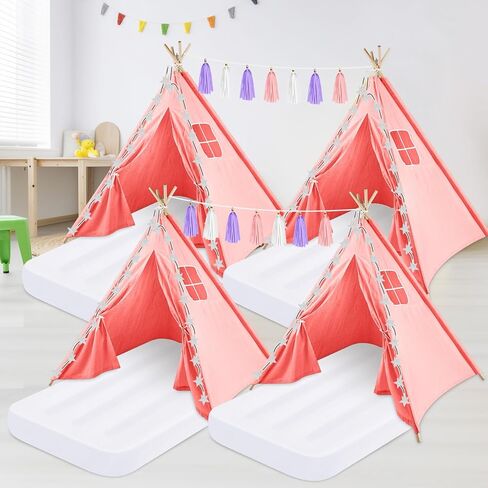 PLULON 4 Pack Teepee Tent for Kids Bulk Kids Sleepover Tents with Inflatable Airbed and Tent Decorations Play Tent Slumber Party Indoor Teepee Tents for Girls Boys Outdoor - White in Kuwait