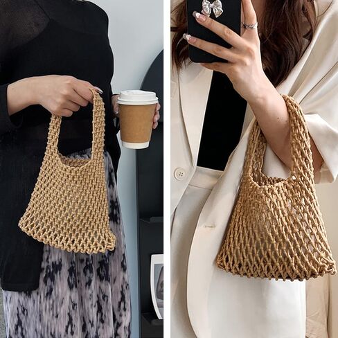 Mini Clutch Handbag Fishing Net Bucket Bag Cotton Rope Crochet Drawstring Woven Beach Bag Small Tote for Women Girls in Saudi Arabia