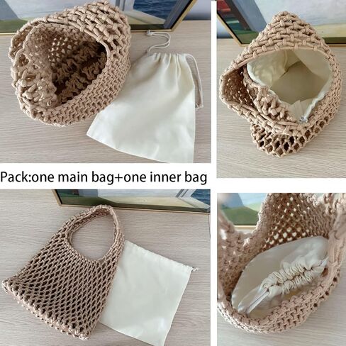 Mini Clutch Handbag Fishing Net Bucket Bag Cotton Rope Crochet Drawstring Woven Beach Bag Small Tote for Women Girls in Saudi Arabia