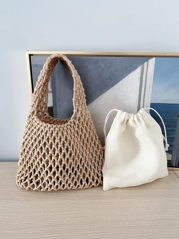 Mini Clutch Handbag Fishing Net Bucket Bag Cotton Rope Crochet Drawstring Woven Beach Bag Small Tote for Women Girls in Saudi Arabia