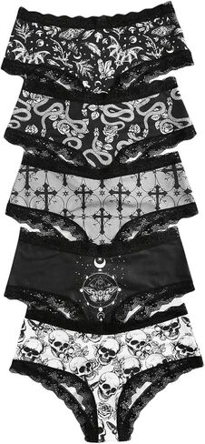 WDIRARA Women's 5 Pack Set Goth Graphic Print Mesh Sheer Lace Trim Mid Rise Underwear Briefs in Kuwait