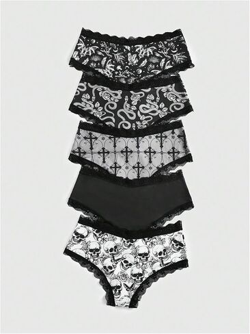 WDIRARA Women's 5 Pack Set Goth Graphic Print Mesh Sheer Lace Trim Mid Rise Underwear Briefs in Kuwait