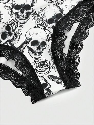 WDIRARA Women's 5 Pack Set Goth Graphic Print Mesh Sheer Lace Trim Mid Rise Underwear Briefs in Kuwait