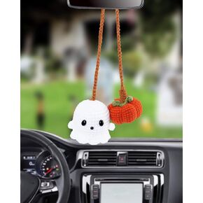 Halloween Ghost Car Accessories Hanging Ornament Crochet Pumpkin and Car Pendant for Car Rear View Mirror Interior Decoration