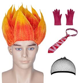 4 Halloween Angry Costumes Including Flame Wig, Hair Cap, Striped Tie, Gloves, Men's and Women's Dress Up
