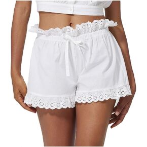 Women Summer Casual Shorts 100% Cotton Hollow Out Lace Ruffle Vintage Pettipants Elastic Waist Drawstring