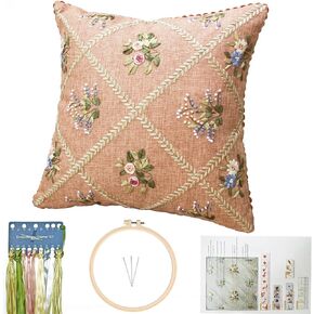 FONNUY Crewel Ribbon Embroidery Kit, Floral Pillow Covers, DIY Pillowcase Kits for Audlt Beginners, 18 x 18'' (White)
