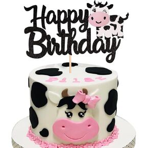 1 PCS Cow Happy Birthday Cake Topper Glitter Farm Animals Birthday Cow Cake Pick Decorations for Cow Theme Baby Shower Kids Boys Girls 1st Birthday Party Cake Decorations Supplies