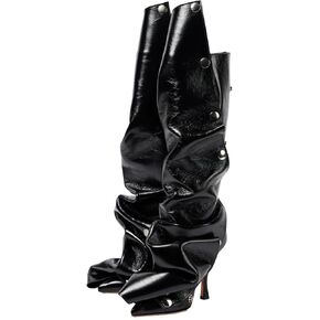 KaroNairy Women Stiletto Knee High Boots Slouch Pointed Toe High Heel Boot Detachable Snap-off Panel Shark Boots Blue 11
