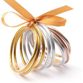 9pcs Glitter Bangles Bracelets Set for Women Soft Silicone Glitter Filled Bracelet Glitter Filled Jelly Bangle with Ribbon Bow for Women Valentine's Day Party Gift (Gold, Silver, Champagne Gold)