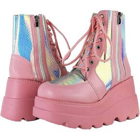 Women's Halloween Fashion Chunky Heel Ankle Booties Lace up Buckle Goth Motorcycle Platform Boot Military Combat Boots