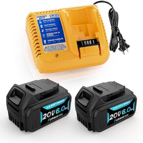 2Pack 20V 6.0Ah Battery Replacement for Dewalt 20V Max Battery and DCB102 Charger Combo Compatible with Flexvolt 20V/60V Battery DCB206 DCD/DCF/DCG/DCS Cordless Power Tools