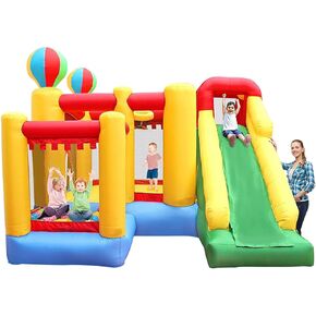BESTPARTY Inflatable Bounce House,6 in 1 Bouncy Castle with Blower for Kids,Blow Up Jumping Bouncer with Slide,Climbing Wall,Ball Pit,Basket Hoop Crawling Tunnel for Indoor Outdoor