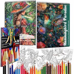 Adult Coloring Book for Women, 48 Pages Spiral Bound Coloring Books with 36 Colored Pencils for Stress Relief, Inspirational Gifts for Women, Hummingbird & Flower Girls Styles, 2 Pack