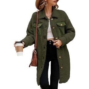 EVALESS Trendy Fuzzy Fleece Jackets for Women Comfy Long Teddy Coat Fall 2024 Long Sleeve Button Down Lapel Faux Fur Jacket Outerwear with Pockets Green Medium