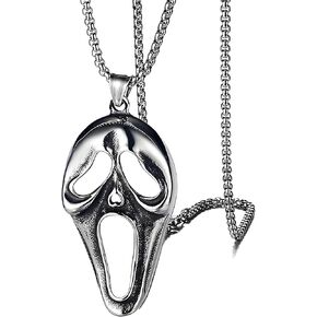 Dreuyet Ghost Face Mask Necklace for Men Women Stainless Steel Ghost Pendent Necklace Gothic Punk Mask Necklace Halloween Horror Ghost Horn Jewelry