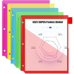 Plastic 5Tab 2 Set Binder Dividers,Index Two Pockets Divider Letter Size for 3 Ring Binders,Subject Dividers 3-Hole Sheets Protectors for School/Home/Office (10 PCS)